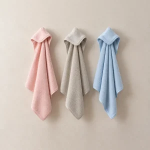 Trois capes de bain personnalisées pour bébé : rose, gris et bleu ciel