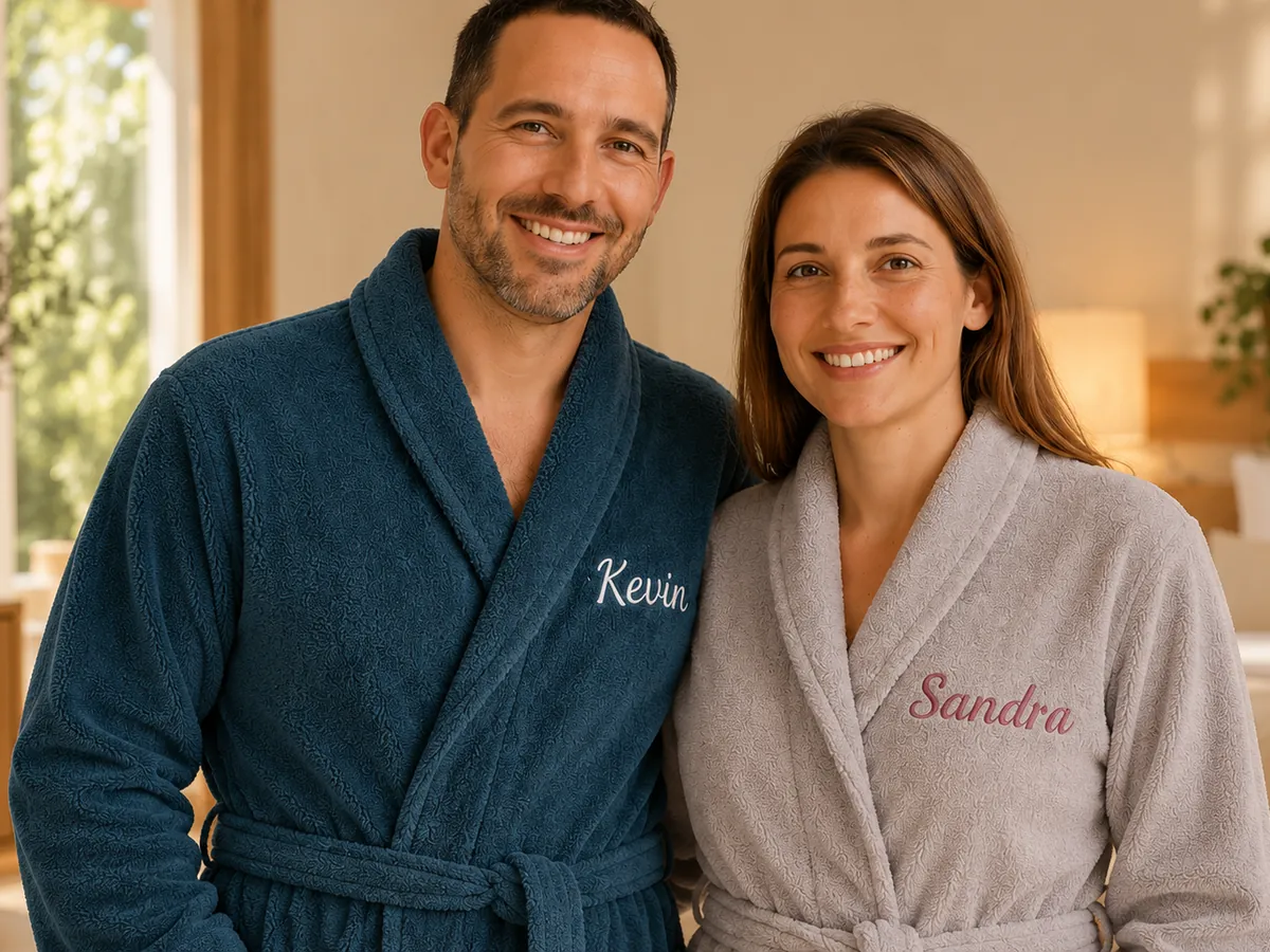 Couple en peignoirs personnalisés bleu et gris, brodés aux prénoms « Kevin » et « Sandra »