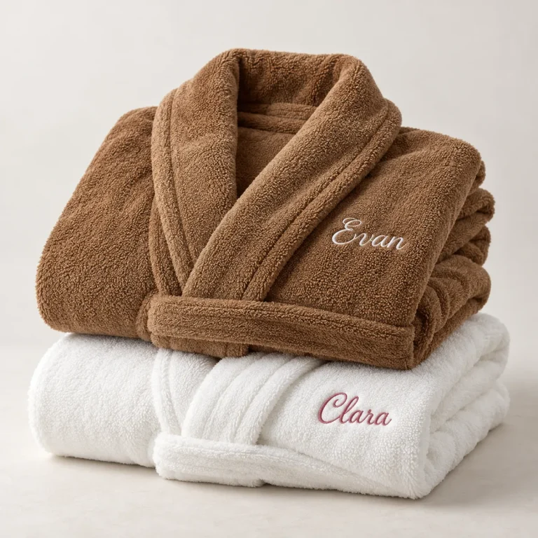 Deux peignoirs personnalisés pour couple, brodés aux prénoms « Evan » et « Clara »