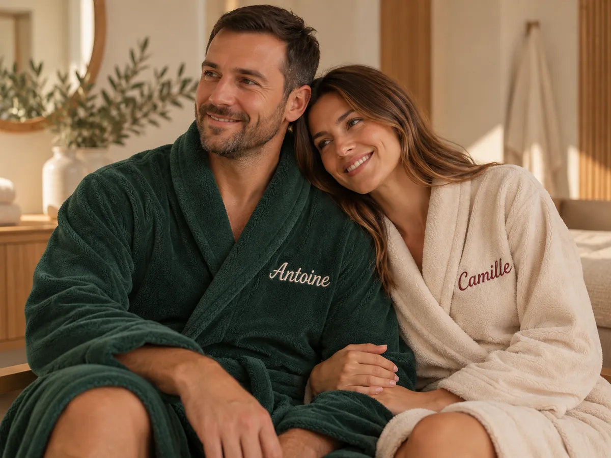 Couple en peignoirs personnalisés vert foncé et écru, brodés aux prénoms « Antoine » et « Camille »