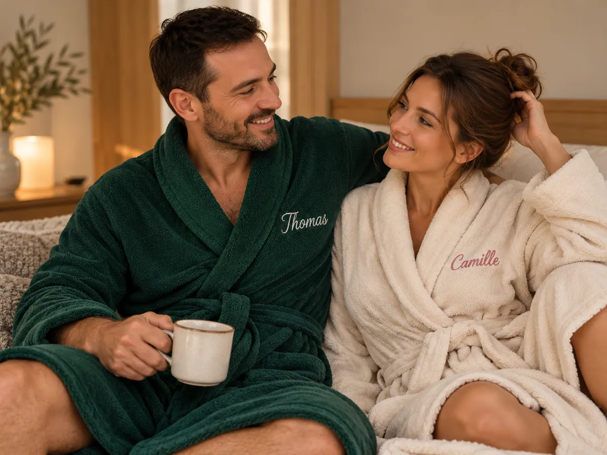 Couple en peignoirs personnalisés vert foncé et écru, brodés aux prénoms « Thomas » et « Camille »