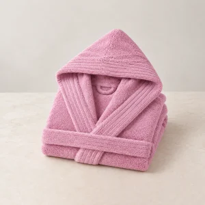 Peignoir personnalisé pour enfant à capuche, en éponge rose, plié