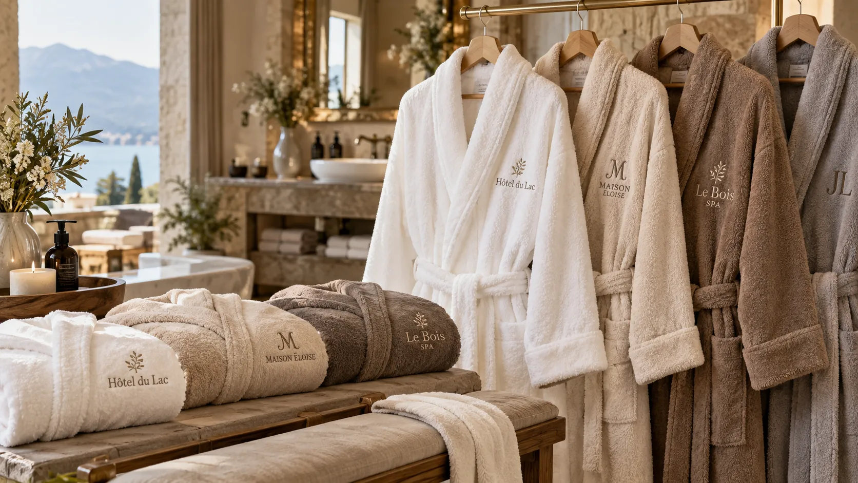 Peignoirs personnalisés brodés au nom d'hôtels, de maisons d'hôtes et de spas, suspendus et roulés dans une salle de bain d'hôtel