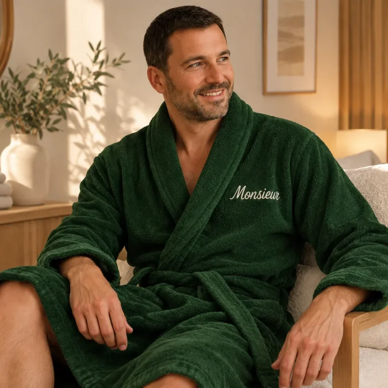 Homme portant un peignoir personnalisé vert foncé, brodé « Monsieur »