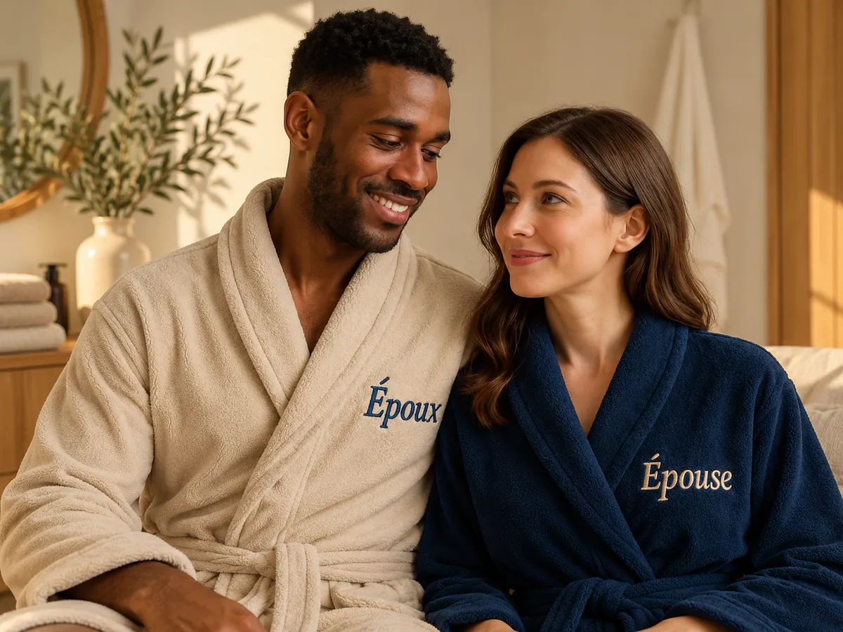 Mariés en peignoirs de mariage personnalisés beige et bleu marine, brodés « Époux » et « Épouse »