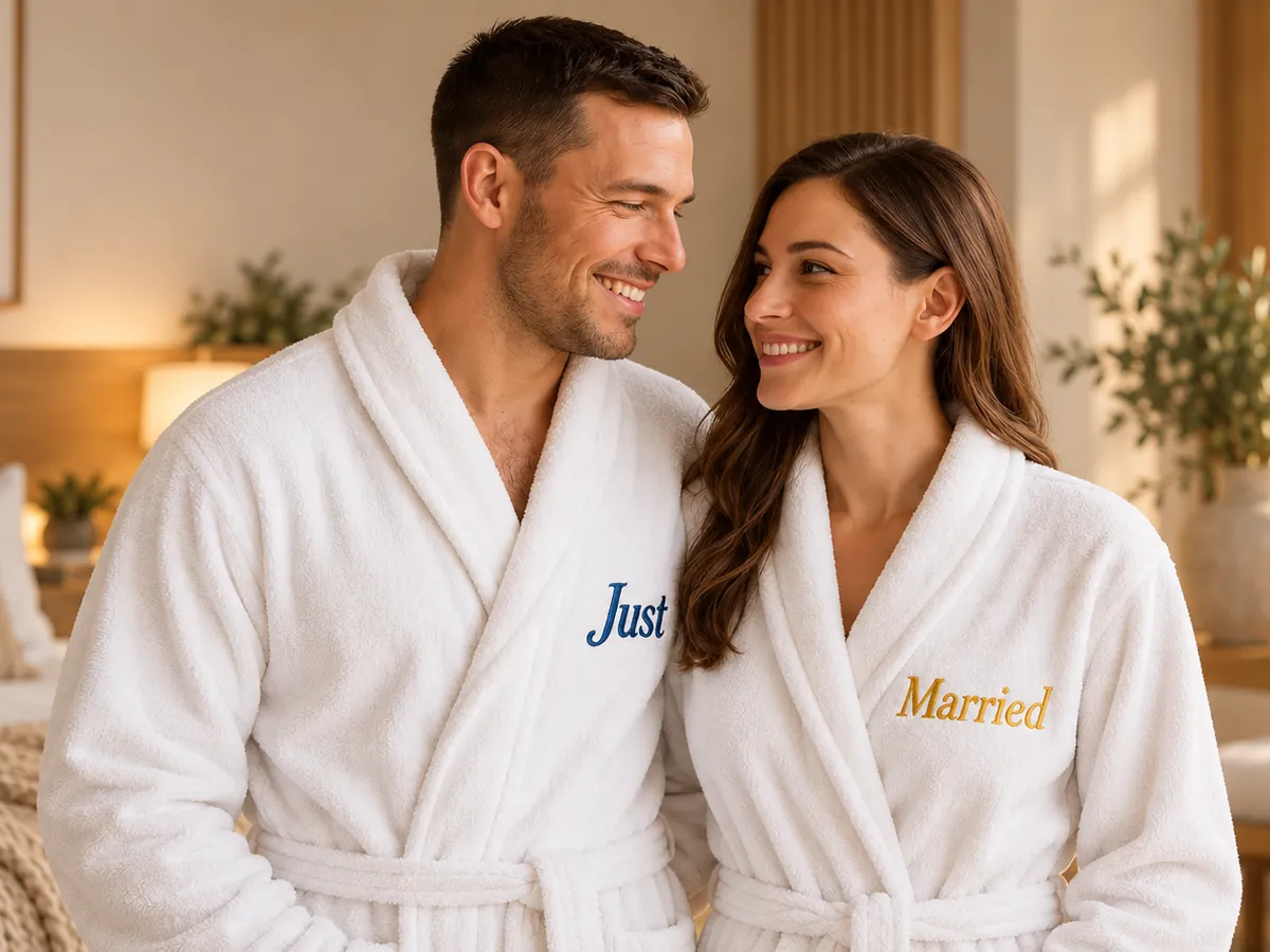 Couple de mariés en peignoirs de mariage personnalisés blancs, brodés « Just » et « Married »