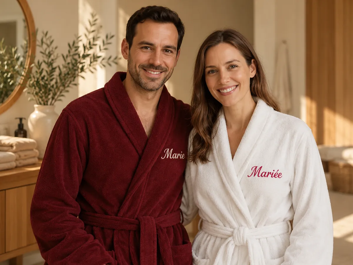 Jeunes mariés en peignoirs de mariage personnalisés bordeaux et blanc, brodés « Marié » et « Mariée »