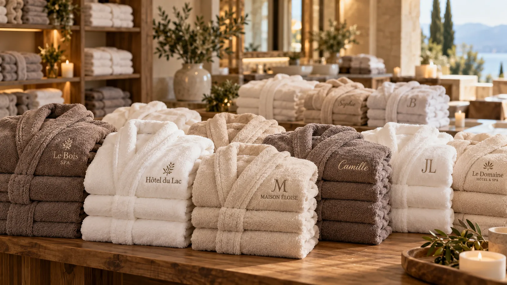 Piles de peignoirs personnalisés brodés aux logos et aux noms d'hôtels, de maisons d'hôtes et de spas